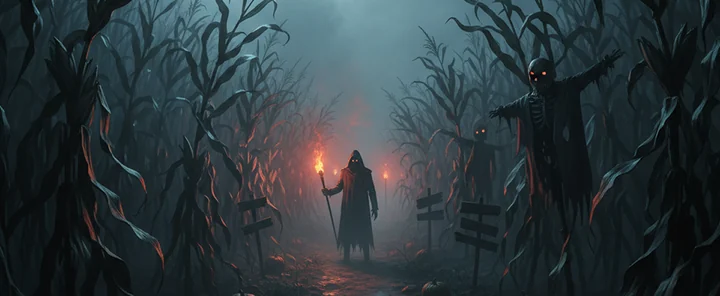 A cloaked figure holding a torch inside a foggy corn maze