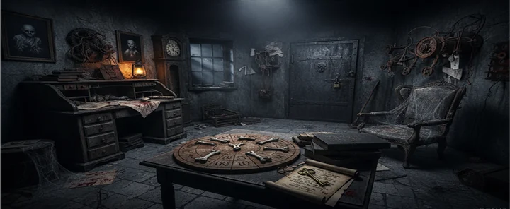 A locked puzzle room set dressed for a haunted escape room