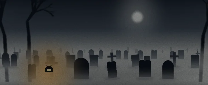 A lantern glowing among crooked headstones in a foggy moonlit cemetery