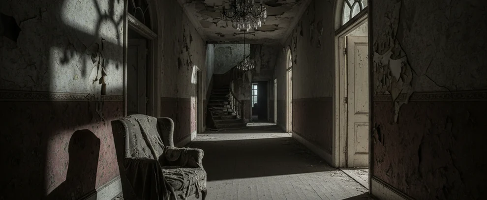 Dim, decaying hallway inside a haunted house attraction