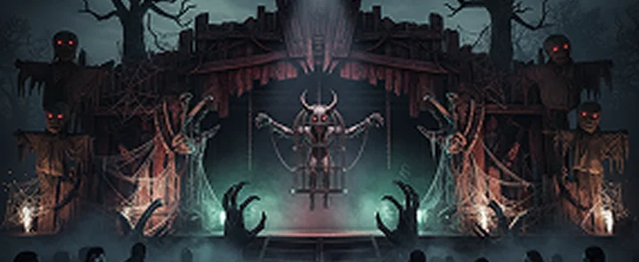 A caged horned demon suspended above a stage as a crowd watches from the dark