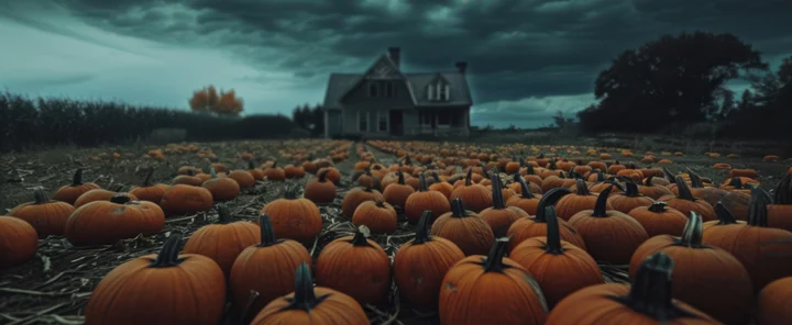 A vast field of pumpkins leading to a farmhouse under heavy storm clouds