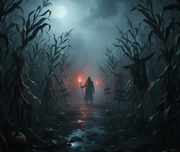 A cloaked figure holding a torch inside a foggy corn maze