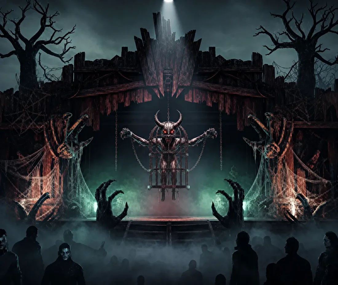 A caged horned demon suspended above a stage as a crowd watches from the dark